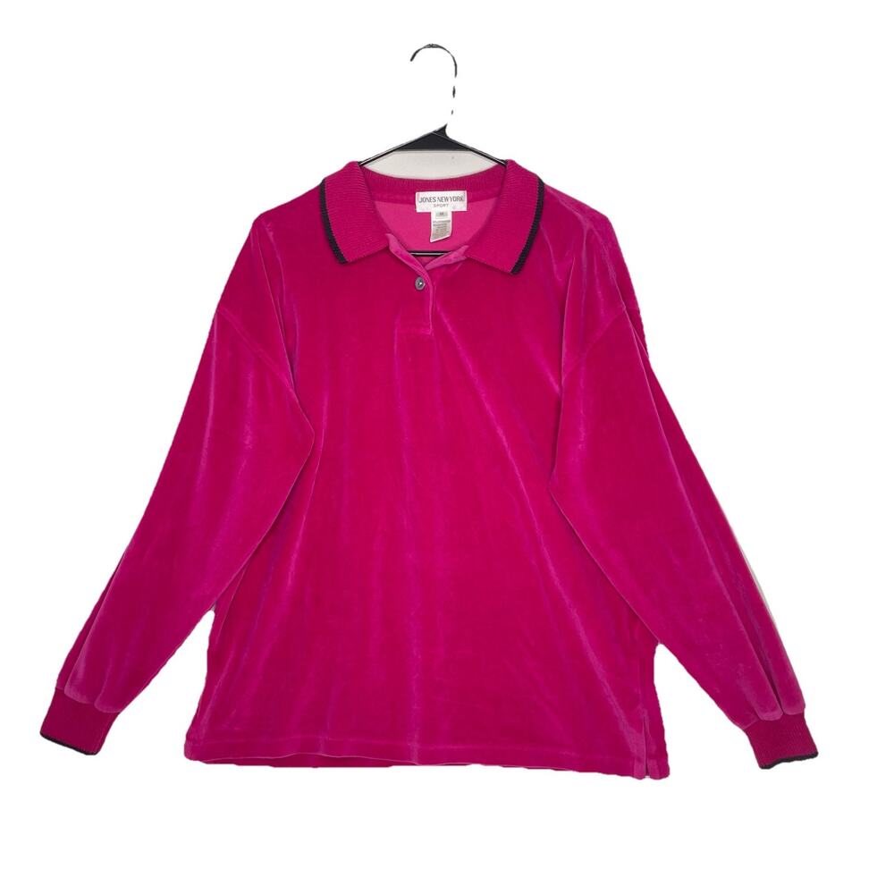 Vintage 90s Velour Polo Sweater Women M Hot‎ Pink Y2K Preppy Retro Soft Cozy